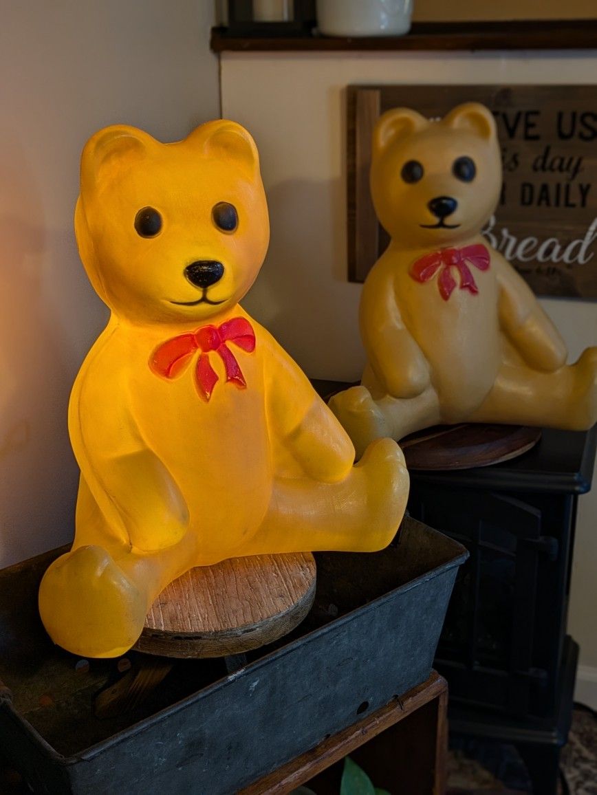 Two Vintage Union Christmas Teddy Bears Blow Molds - Only One Has A Light 