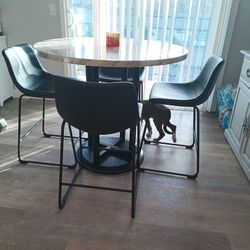 Counter-Height Pedestal Table & Black Leather Chairs