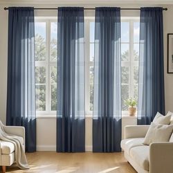 MIULEE Navy Blue Sheer Curtains 63 Inches Long, 4 Panels Set, Light Filtering Rod Pocket Voile Drapes Window Treatments, Semi Transparent Airy Fabric 