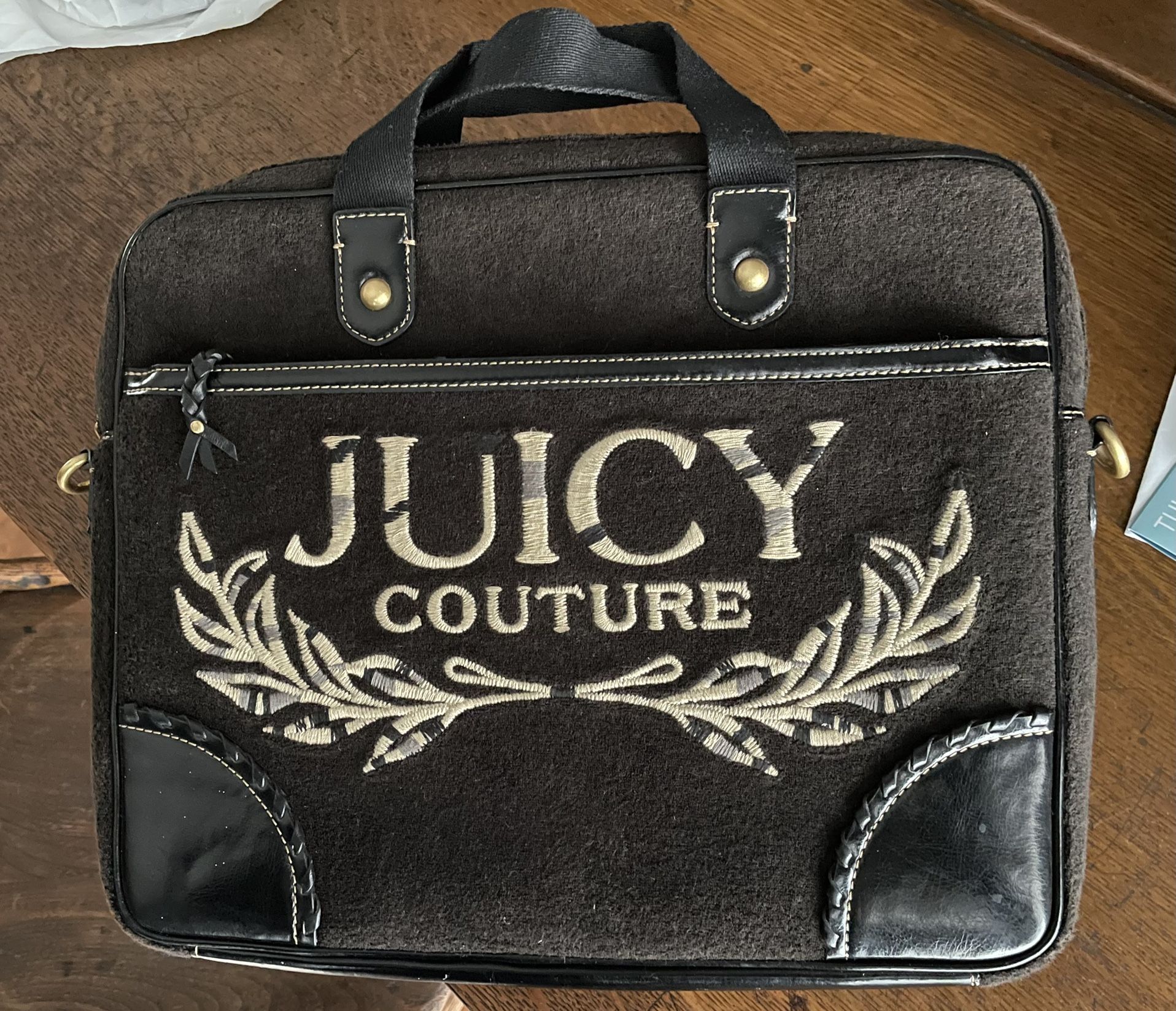 authentic Juicy Couture Laptop Case Carrier Bag Black Leather Stitch Fabric