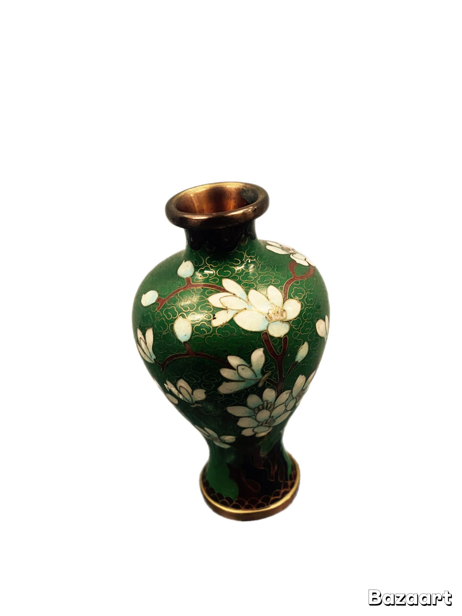 Stunning Vintage Cloisonné Miniature Vase - Emerald Green & White Floral