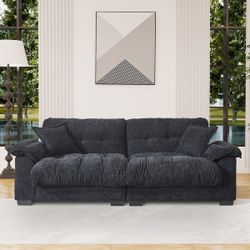 91" Modern Chenille Sofa Tufted Upholstered Couch with Two Throw Pillows for Living Room, Office, Living Room