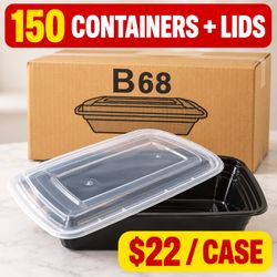 B68 Black Meal Prep Containers with Clear Lids - 150 Sets $22/Case