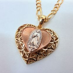 14K 3-Tone Gold Virgin Mary + Love Charm