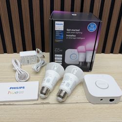 Brand New Philips Hue Smart Light Bulbs Starter Kit, 1 Bridge + 2 60W A19 Bulbs White & Color Ambiance LED, Millions of Colors, 800 Lumens SKU508