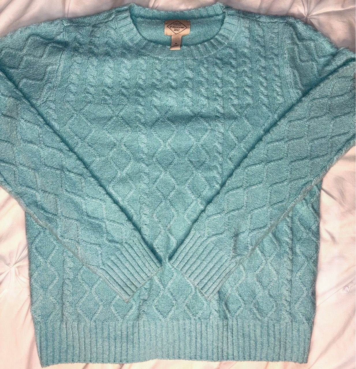 St. John’s Bay Teal Cable Knit Crewneck Sweater Size Medium for Sale in ...