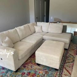 Beautiful 3-Pc Corduroy Sectional Sofa With Storage Ottoman 