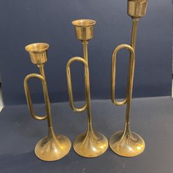 Vintage Set Of 3 Brass Trumpet Candlestick Holders 
