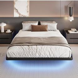 Floating Bed Frame Queen Size with  LED Lights and Charging Station, Heavy Duty Metal, Black C-1