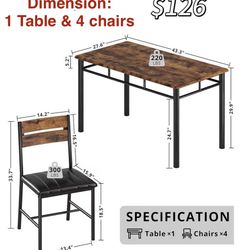 😀 IRONCK Dining Table Set, 1 Wood Kitchen Table with 4 Upholstered Chairs for Kitchen Room and Small Spaces, Rustic Brown