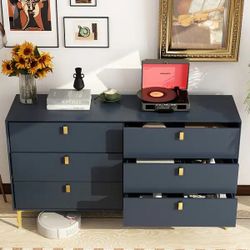 Navy Blue Wooden 6-Drawers, 55.1 in. W x 15.7 in. D x 31.1 in. H, Dresser, Chest of Drawers, Vanity, without Mirror