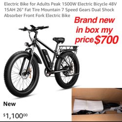 New in box Electric Bike for Adults Peak 1500W Electric Bicycle 48V 15AH 26" Fat Tire Mountain 7 Speed Gears Dual Shock Absorber Front Fork Electric B