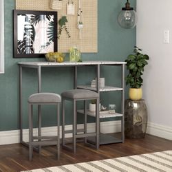3-Piece Pub Set with Faux Terrazzo Top, Gray Metal/Gray Seat