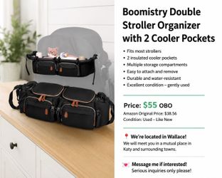 Boomistry Double Stroller Organizer with 2 Insulated Cooler Pockets | Like New | $45 OBO