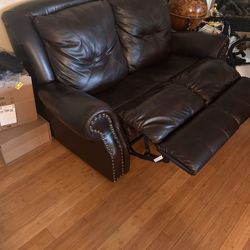 Brown Leather Reclining Loveseat & Armchair – Nailhead Trim – Excellent Condition