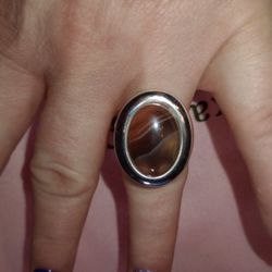 Stainless Steel Silver Cuff Ring With An Oval Shaped Stone Set, Size 8