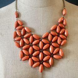 Coral Colored Floral Statement Necklace 