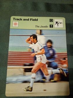 Vintage 1977 sportscaster track and field/ the javelin/ the saga of the circling Basques/ olympic collector card # 06-17