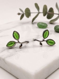 Silver Tone Green Branch Stud Earrings - Nature Leaf Design with Green Cat's Eye Glass Stones