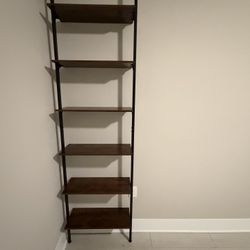 Modern 6-Shelf Wall-Mounted Ladder Bookshelf – Dark Wood & Black Metal