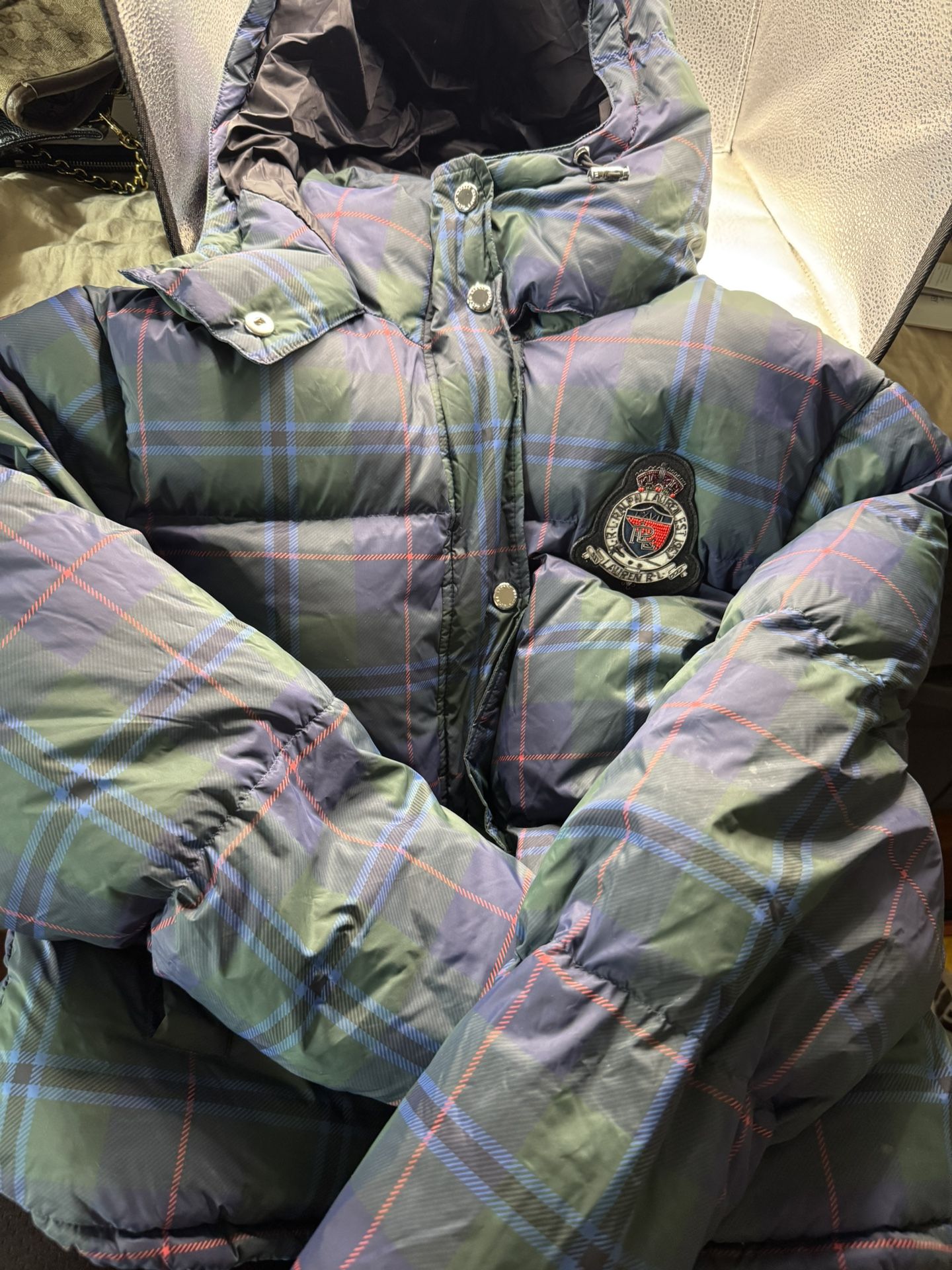 New LAUREN RALPH LAUREN HUNTING STEWART Women's Hooded Puffer Coat Jacket M
