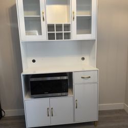 White Kitchen Pantry Storage Cabinet with Tempered Glass Doors,5 Storage Cabinet & Grid Wine Racks & Microwave Space & Drawer
