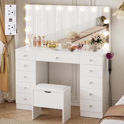Vanity with Lighted Mirror - Makeup Vanity Desk with Lights and 11 Drawers, 3 Color Lighting Modes Adjustable Brightness, 46" Makeup Desk with Soft Cu