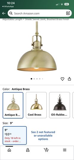 Home Belle 9" Contemporary Industrial Pendant Light, Adjustable Length + Shade Swivel Joint, Brushed Brass Finish