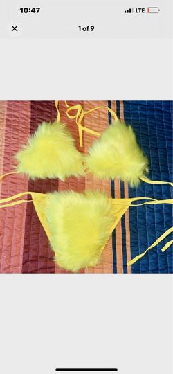 Sexy Yellow Faux Fur Halter Triangle Bra & String Tie Bikini 2 Piece Set One size fits All