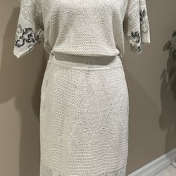Women’s Off White/Grey/Grass Green Cotton/Linen Knit Midi Suit, Size L