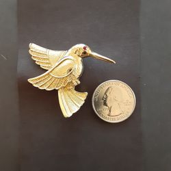 Gold Hummingbird with Red Gem Eye Brooch