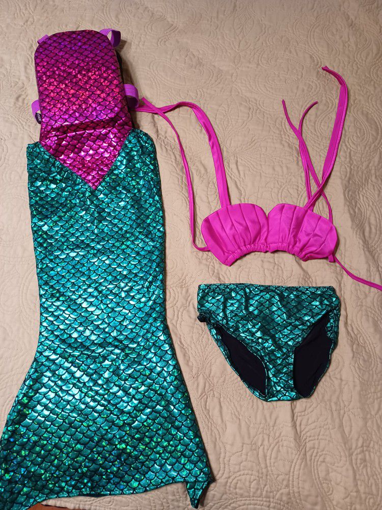 Girls 6x Mermaid Swimsuit W Floaties And Tail
