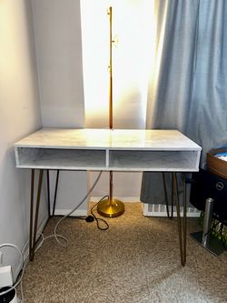White Marble-Top Desk with Gold Hairpin Legs