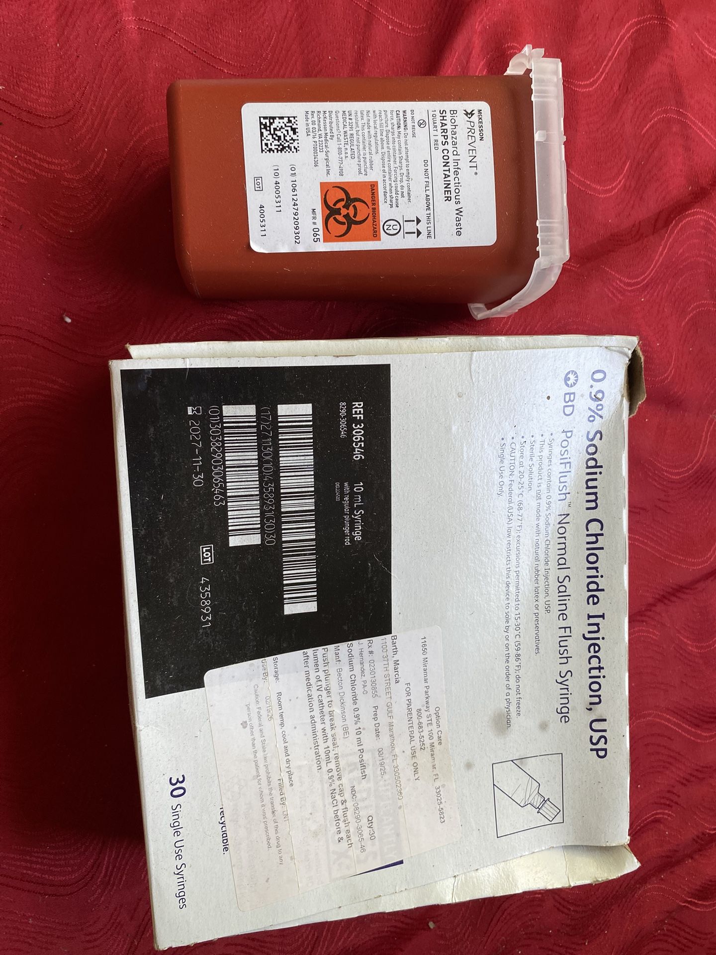 Free New Saline Flush And New Sharps Container