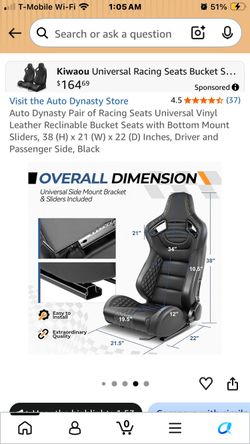 Visit the Auto Dynasty Store 4.5 * **** (37) Auto Dynasty Pair of Racing Seats Universal Vinyl Leather Reclinable Bucket Seats with Bottom Mount Slide