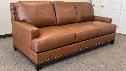 Brown Leather 3-Seat Sofa with Nailhead Trim