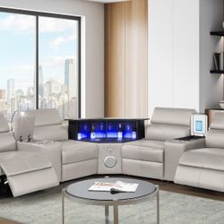 White Leather Power Recliner Sectional w/ Bar & Fridge