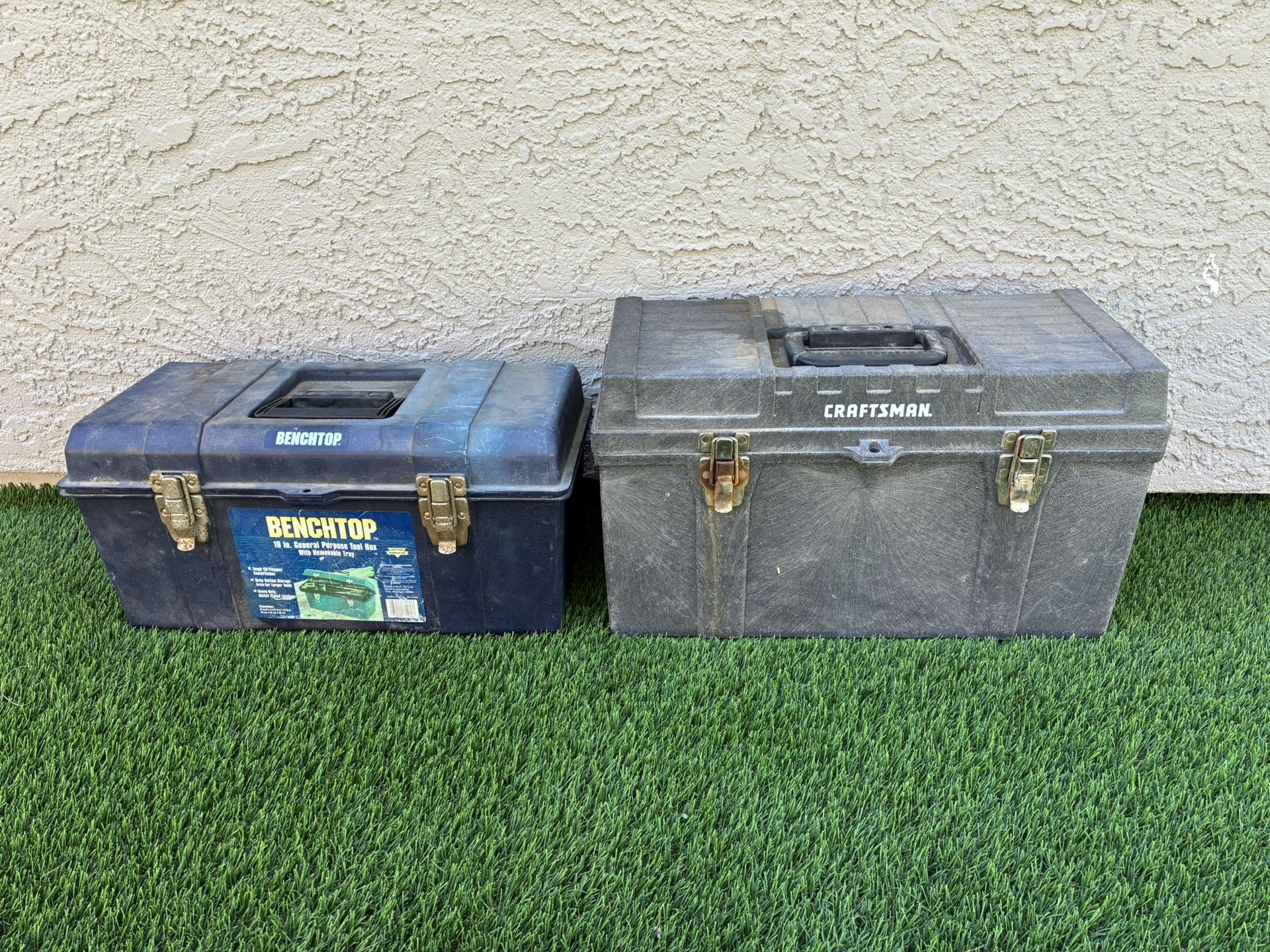 2 Vintage Hard Plastic Tool Box Boxes. CRAFTSMAN/ BENCHTOP. Pre Owned w/ Patina.
