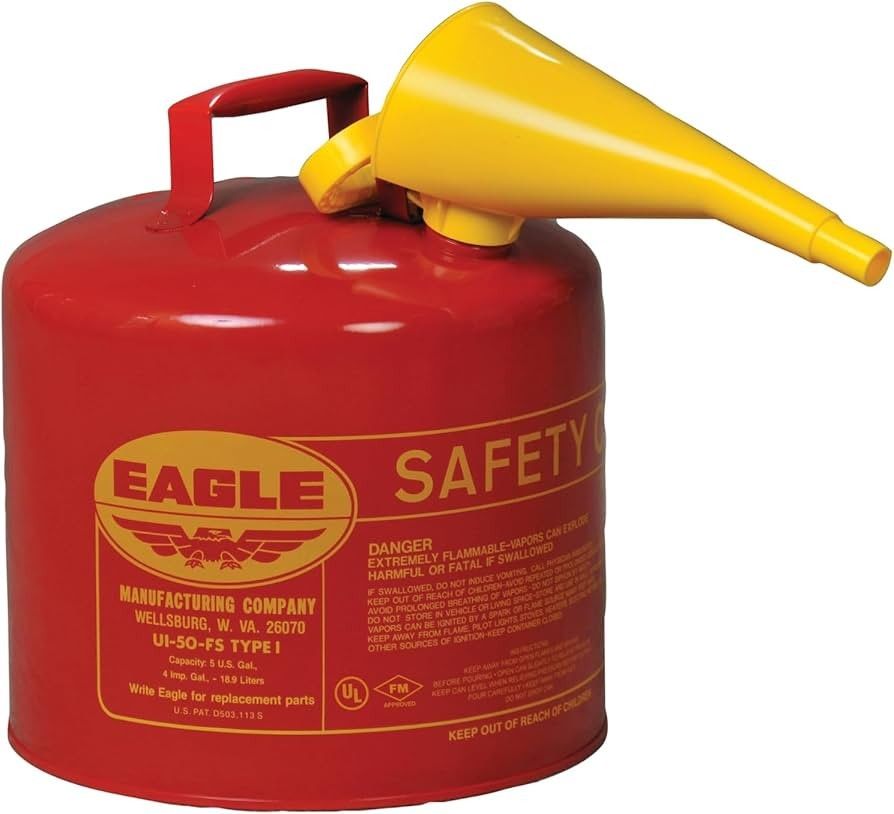 Eagle 5 Gallon Type I Red Safety Gas Can Flame Arrester Self-Closing Lid F15 Funnel Galvanized SteeL