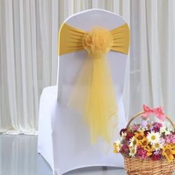 Pack of 20 Flowers Organza Stretch Chair Sashes for Romantic Wedding Holiday Party Celebration Birthdays Chair Decorations (Gold, 20pcs)