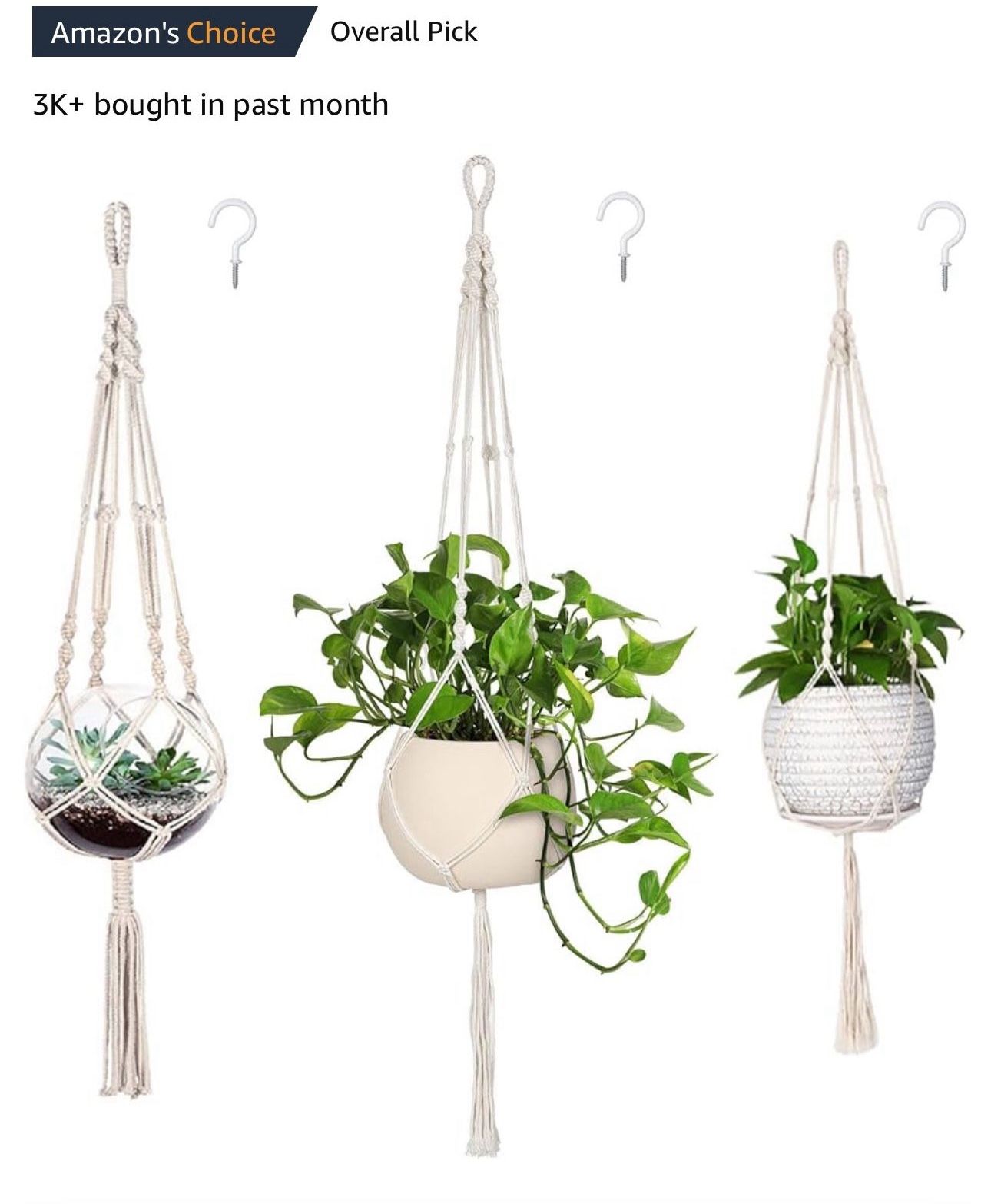 New 3 Pack Macrame Plant Hanger Indoor Hanging Planter for Plants Holder with 3 Hooks