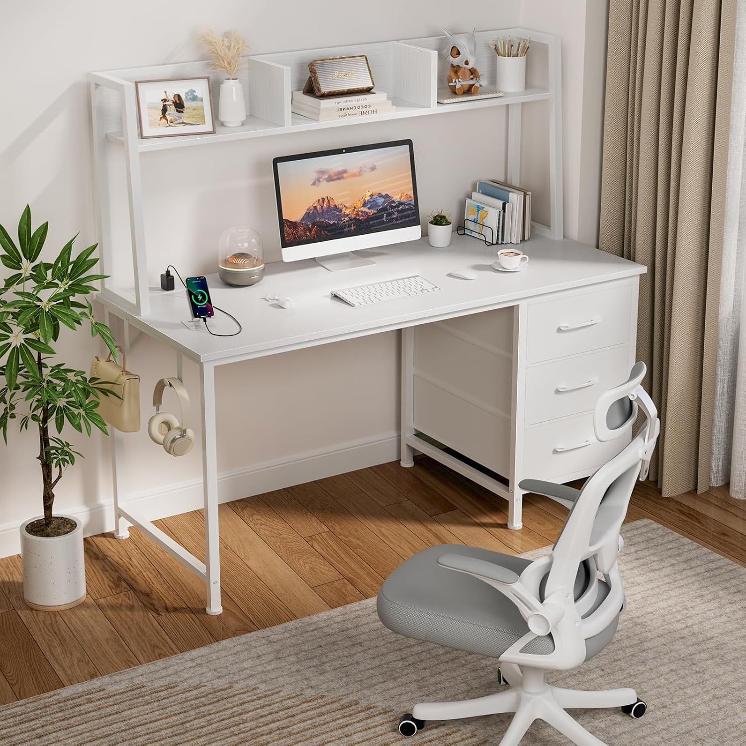 White Computer Desk with Hutch & Drawers - Office Desk with 3 Storage Drawers and Power Outlets, 47 Inch Modern Study Writing Desk for Bedroom Home Of