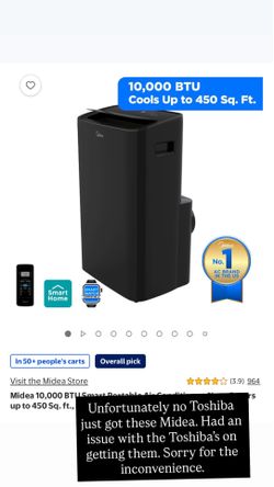 Midea Portable AC 10k BTU  covers 450 sq ft.