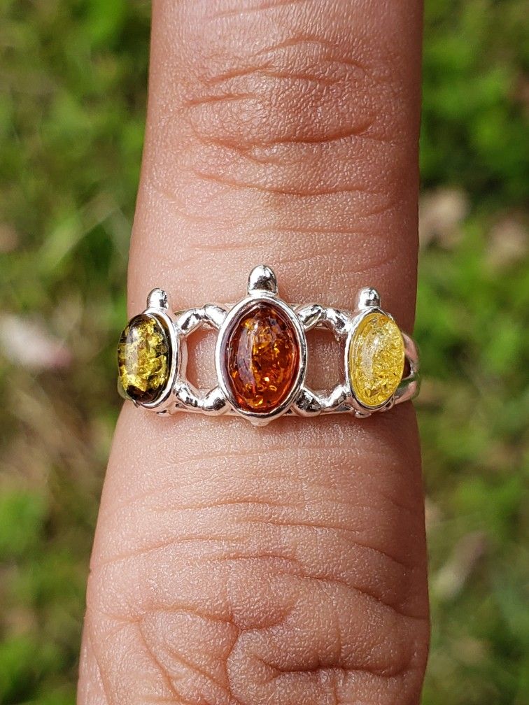 Sterling Silver Amber Ring Size 6