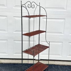 Vintage Mid Century Modernism MCM Atomic Folding Metal Wrought Iron And Wicker Shelving Unit 4 Tier Backers Rack Plant Stand