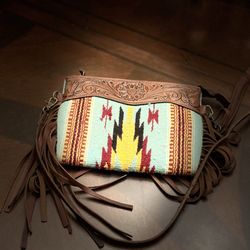 American Darling Tooled Leather Crossbody Turquoise Serape Wool Bag 9” Wide