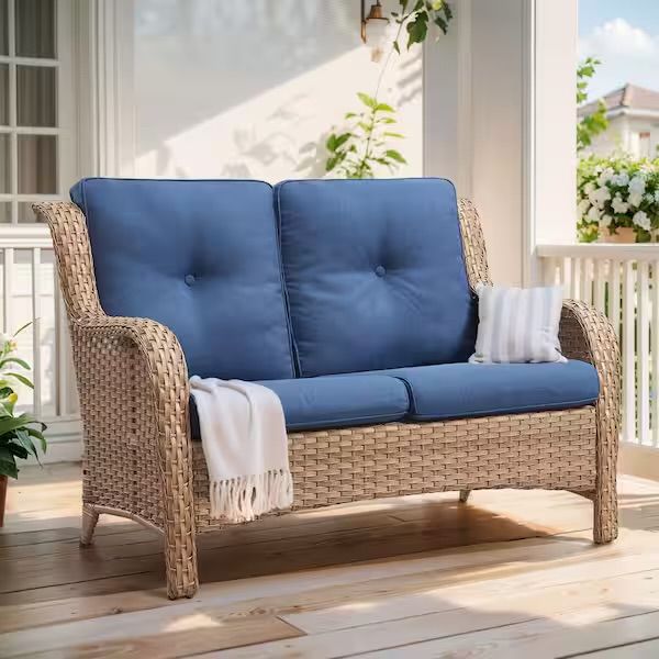 WellCane Yellow Wicker 1-Piece Outdoor Loveseat 2-Seat Sofa Couch with Blue Cushion, Deep Seating for Garden Porch
