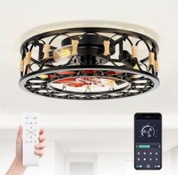 20" Caged Ceiling Fan with Lights and Remote, Low Profile Flush Mount Ceiling Fan, Enclosed Bladeless Fandelier with Silent DC Motor, Reversible 6 Spe