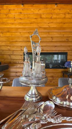 Antique Victorian Castor Cruet Condiment Silver Plate Stand Etched Bottles
