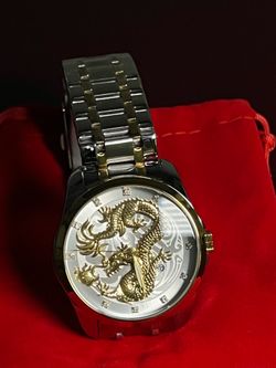 Mens Business Watch Chinese Dragon Relief Dial Stainless Steel Strap Quartz Wristwatch Waterproof